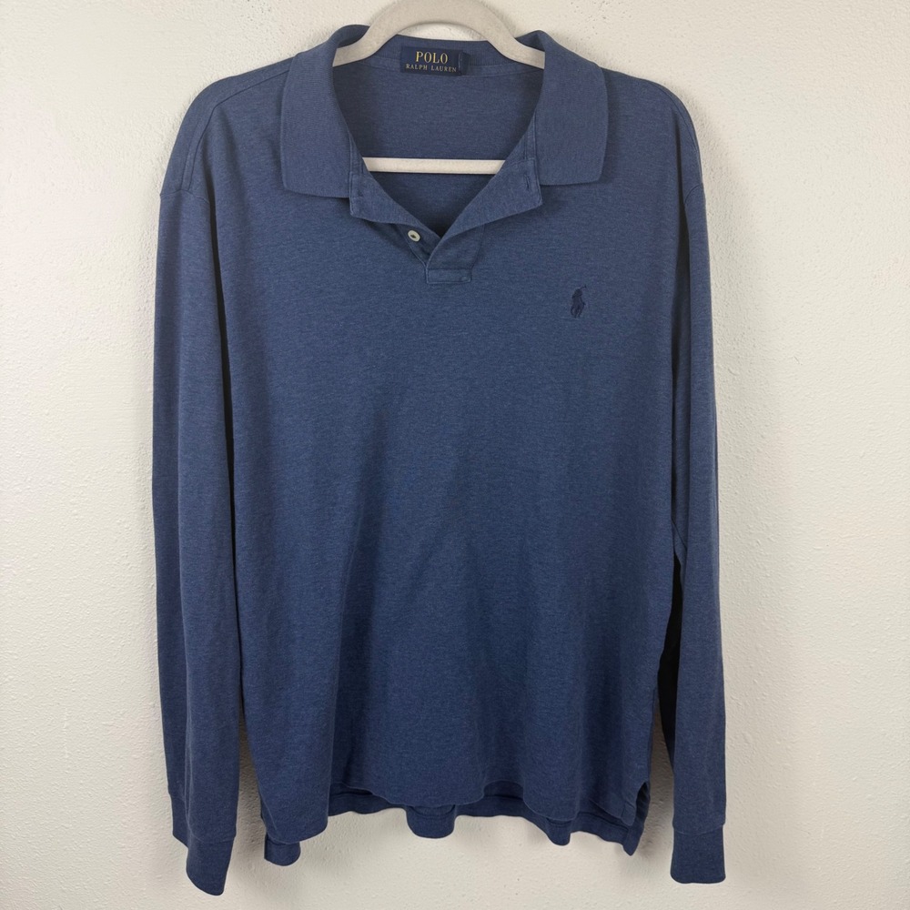 Polo Ralph Lauren Mens XL Long Sleeve Polo Shirt Heather Blue Cotton Jersey Logo